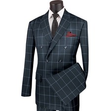 VINCI Men's Black Windowpane Double Breasted Modern Fit Suit - NEW