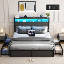 Full Size LED Bed Frame with Storage Headboard and 4 Drawers Charging Station
