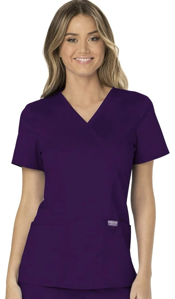 Cherokee Workwear Revolution Women's Mock Wrap Scrub Top -WW610 (Color Eggplant) - Image 2 of 4