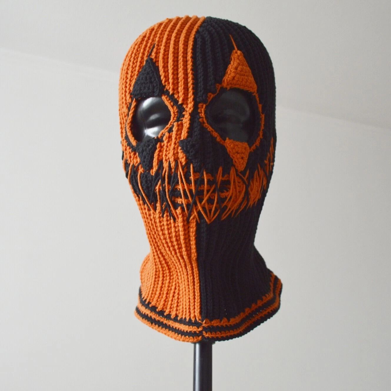 Custom knit creepy black orange balaclava baddie Crochet ghost clown ski hat