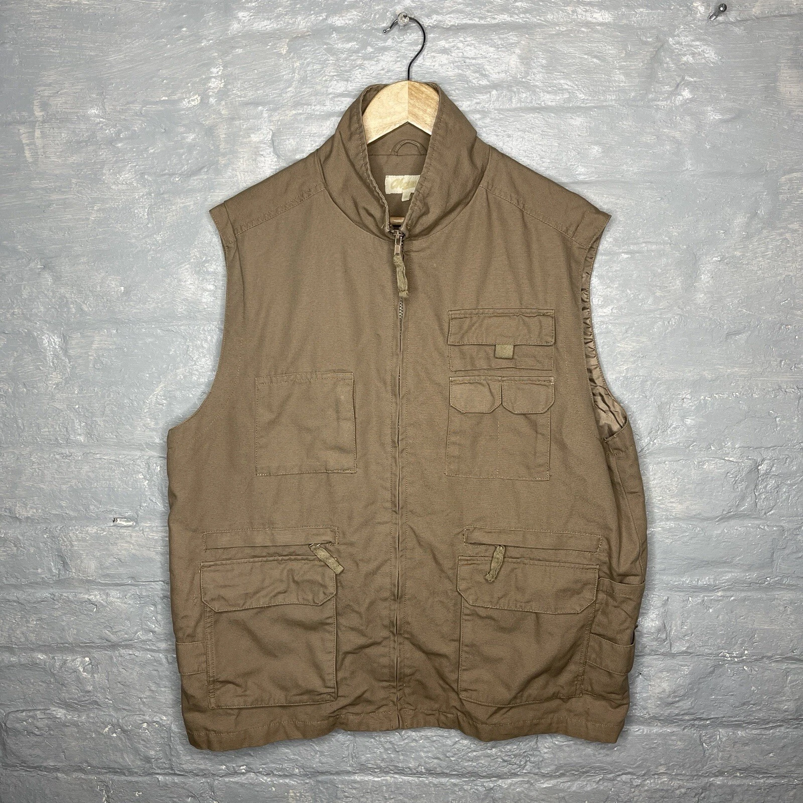 Cheems Men's Gilet Waistcoat Tactical Utility Fishing Vest Brown Zip Cotton M