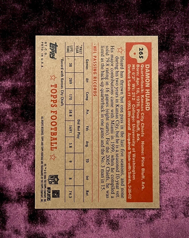 Damon Huard 1952 Topps Heritage 265 MINT Facsimile Auto Chiefs Jersey UW Huskies - Image 2 of 4