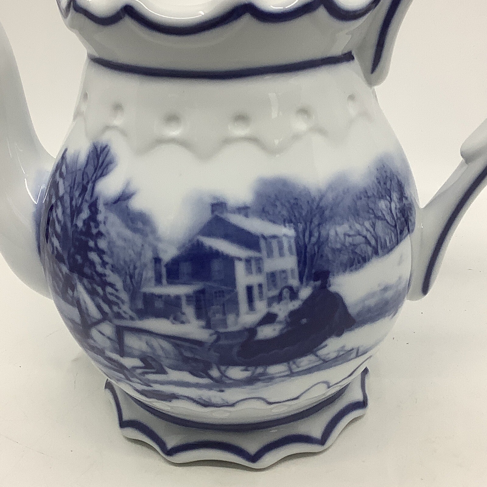Vintage Cracker Barrel Blue & White Porcelain Teapot Winter Homestead