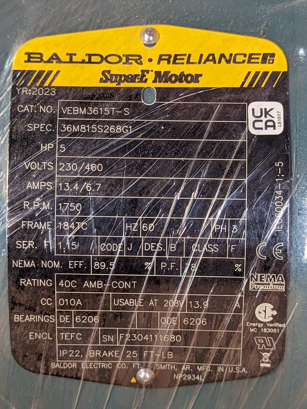 Baldor Electric Brake Motor VEBM3615TS 5 HP 1750 RPM 230/460 VAC 184TC