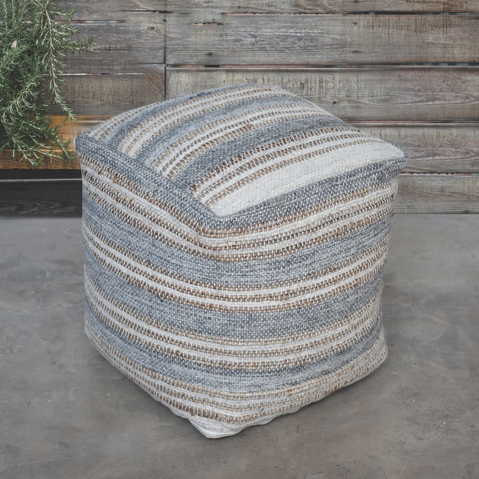 Casual Woven Striped Gray Pouf Ottoman Cube Square Cream Neutral Accent Coastal - Image 2 of 2