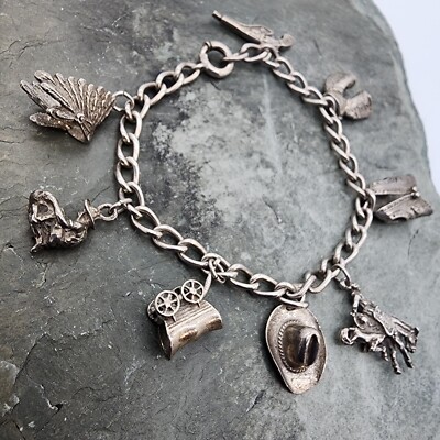 Sterling Silber 925 Charm Cowboy Südwesten Gold Bergmann Pferd 7'' Armband Ag 22244