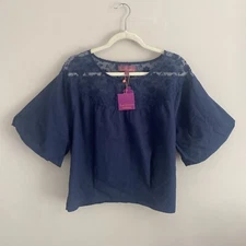 SWEET SINAMMON TOP Short Sleeve COTTON LACE SHEER NAVY BLUE SMALL NEW TAG