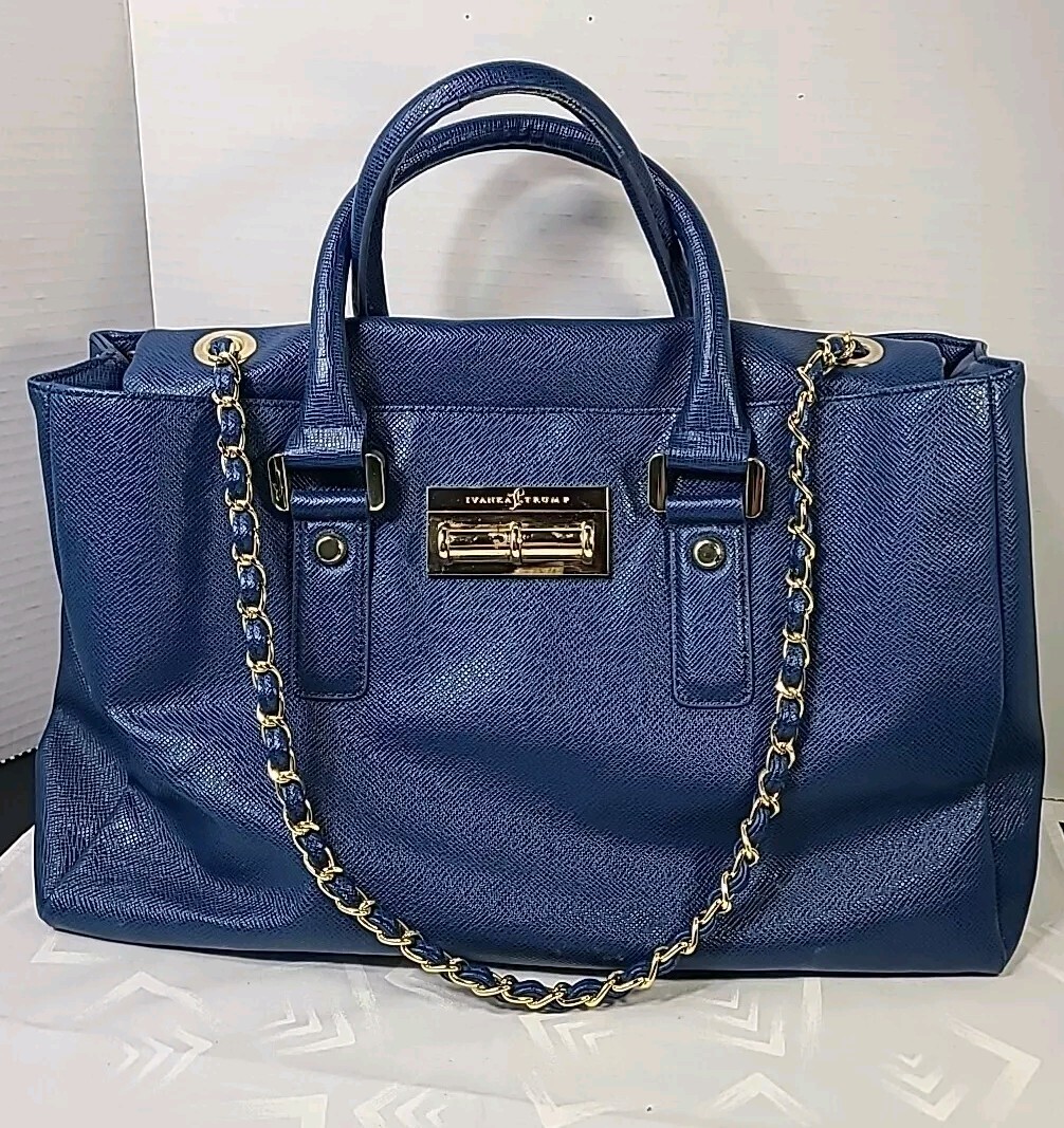 Ivanka Trump Triple Compartment Blue Gold Hardware Hand Bag
