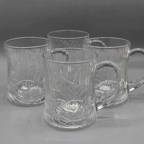 Glcoloc France Glass Mugs Canterbury Clear Embossed Crocus Flowers Set of 4