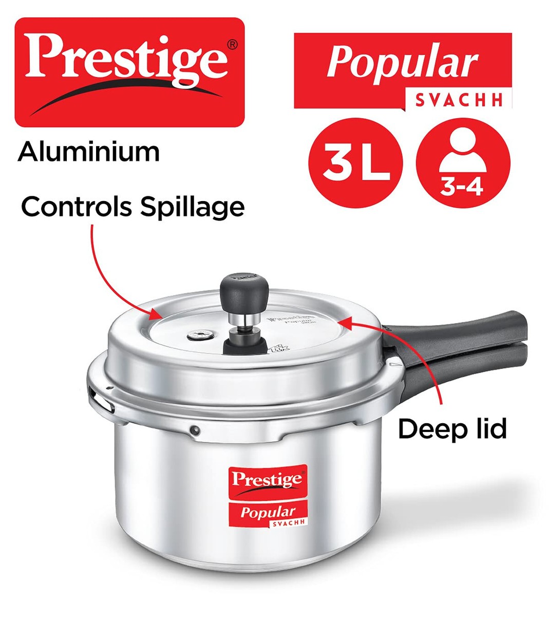 Prestige Popular Svachh Aluminium Outer Lid Pressure Cooker, 3L