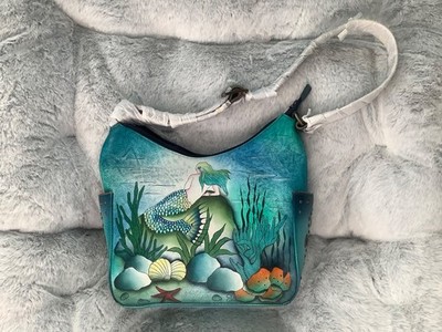 Crystal Embellished Anuschka Handpainted Leather Studded Hobo Bag Little Mermaid