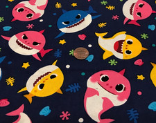 Baby Sharks (Blue Pink Yellow) on Blue *David Textiles * 100% Cotton * 8