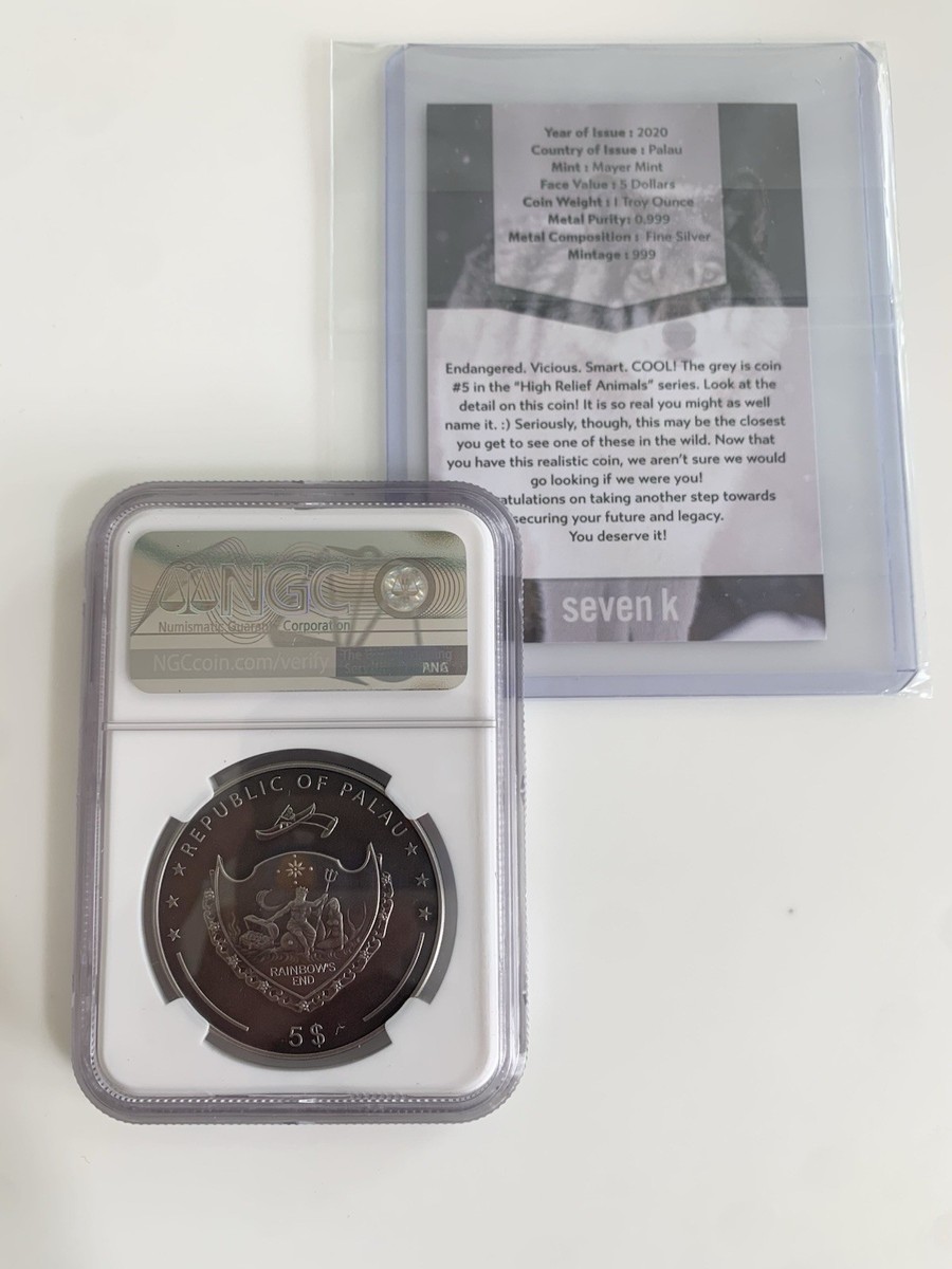 GREY WOLF 1oz MINT 999! 7K Metals 2020 S$5 .999 Silver NGC MS70