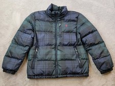 Polo Ralph Lauren Down Puffer Jacket Boys Medium 10/12 Green Tartan Plaid Quilt