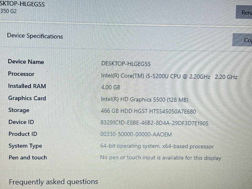 HP 350 G2 15.6" Screen Laptop Core i5-5200U  500GB HDD 4GB Ram Windows 10 Pro - Image 4 of 4