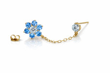 14k Yellow Gold Beautiful Flower CZ Stud Earrings with chain Push back for Women