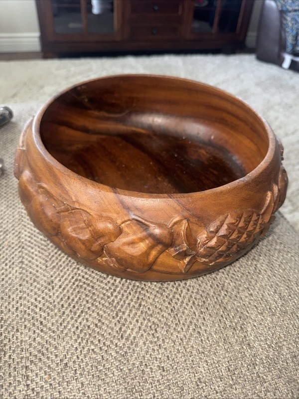 Wood Bowl Vintage Hand Carved Wooden Fruit  Bowl Phillipines Monkey Pod