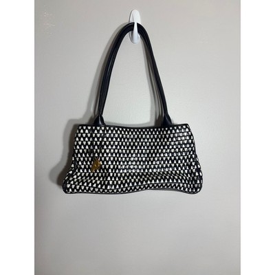 Picard Leather Handbag Black White Geometric Pattern Shoulder Bag Gold Logo