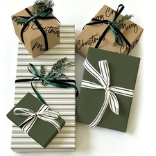 3 Rolls Christmas Wrapping Paper - Mini Roll - 17 Inch x 32.8 Ft Green Beige