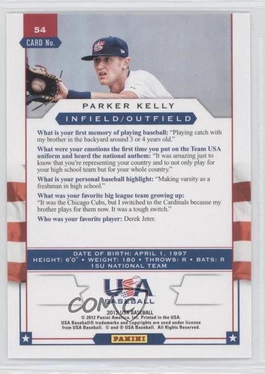 2012 Panini USA Baseball National Team Parker Kelly #54 - Image 2 of 2