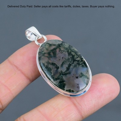 Oval Solar Moss Agate Gemstone Bezel Elegant Art Deco Pendant Jewelry 925 Silver