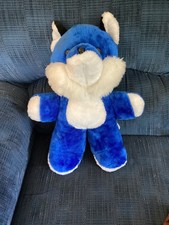Vintage 1984 Blue and White Dog Stuffed Plush Animal Black Button Nose Gold Eyes