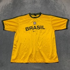 Vintage Brazil National Football T Shirt Mens Large Yellow Nike Logo Athleisure