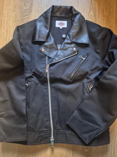 Schott Dickies Men's Black Motorcycle Jacket M Zip Point Collar Canvas image 2