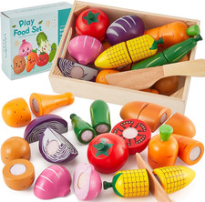 Wooden Play Food for Toddlers, Cutting Vegetables Toys Kids Pretend Play Kitchen