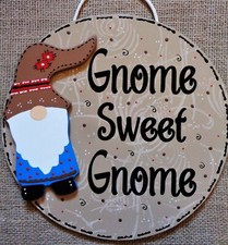 GNOME SWEET GNOME Circle SIGN Wall Art Door Hanger Plaque Family Decor Wood