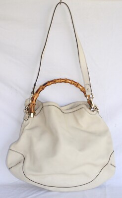 Genuine Large GUCCI Off White Leather Bamboo Handle Tote Hobo Bag