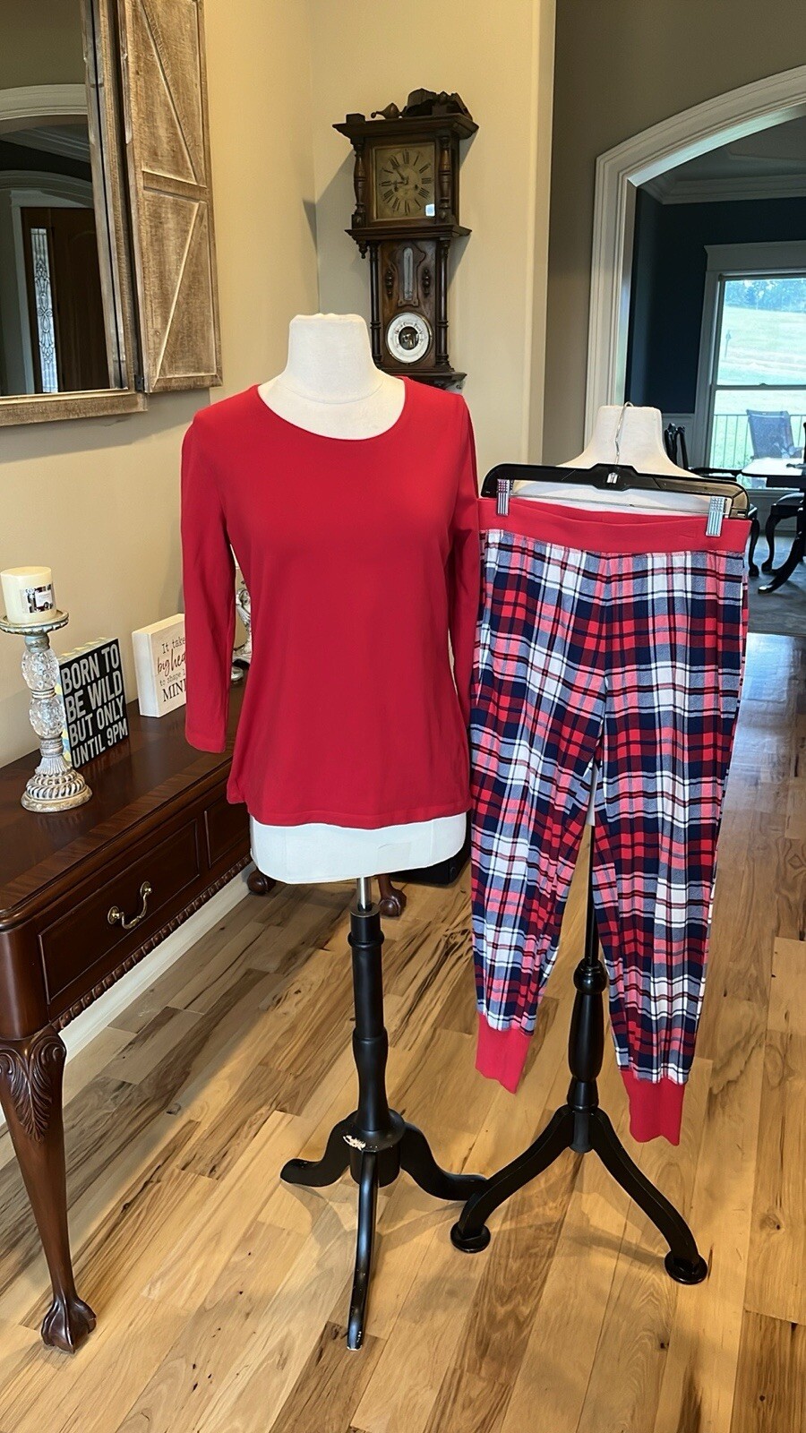 Pajama Set Red Plaid Pants Solid Long Sleeve Top - image 5