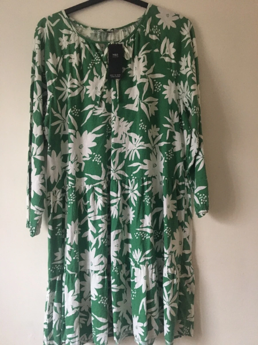 Marks and Spencer Women Linen Blend Floral Tie Neck mini Swing Dress Size 14