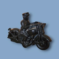Vintage Black Cast Iron Motorcycle with Driver Moving Wheels