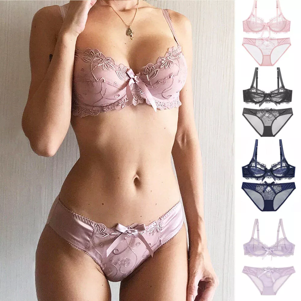 Ultrathin Lady Black Sexy Underwear Set Transparent Bras See Through  Brassiere Embroidery Women Lingerie Plus Size Bra Set Lace