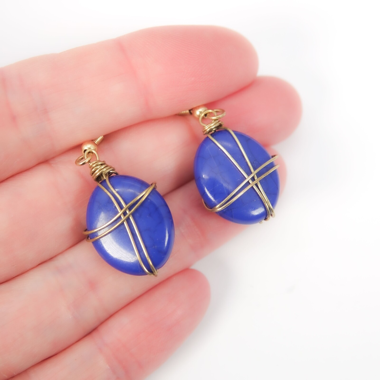 Vintage Cobalt Blue Wire Wrapped Bead Dangle Earrings… Gem