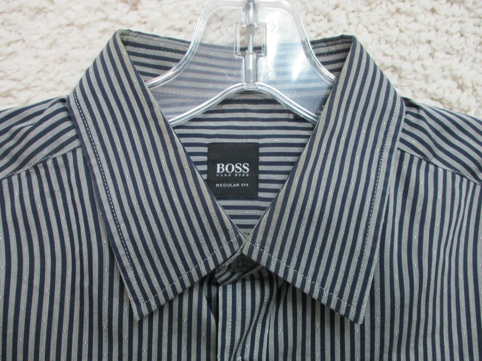 Camisa Hugo Boss Abotonada Mediana Adulto Gris Oscuro Rayas Calce Regular Algodón Para Hombres Foto 3 de 4