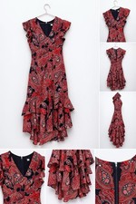 Paisley Bohemian A-Line Midi Dress, Layered Ruffle Sleeve, V-Neck, Red Navy