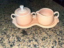 Vintage Fiestaware Apricot Creamer and Lidded Sugar Bowl  Tray Homer Laughlin