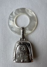 Vintage Sterling Silver  Mother Of Pearl Baby Rattle Teething Ring Monos