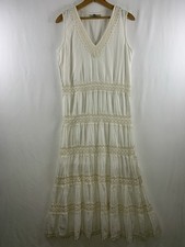 VTG 90s Gauzy Cotton Boho Prairie Tiered Crochet Maxi Dress S/M Coastal Cowgirl