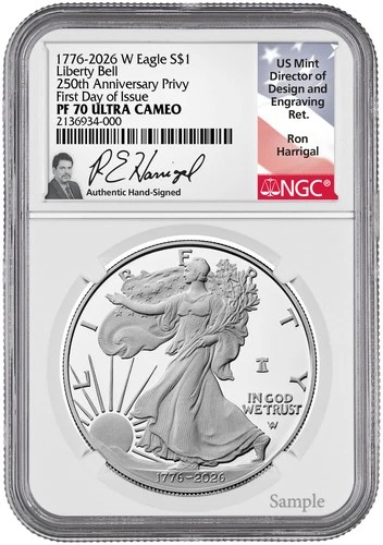 2026 W Silver Eagle Liberty Bell 250 Privy FDI PF70 NGC Harrigal (1776–2026)