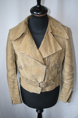Vintage 70er Jahre beige Wildleder Biker Motorrad Dolch Kragen Jacke 38 kleines Revival