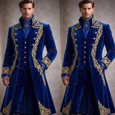 Blue Men's Suit Velvet Gold Embroidery Wedding Party Prom Long Coat Three Piece