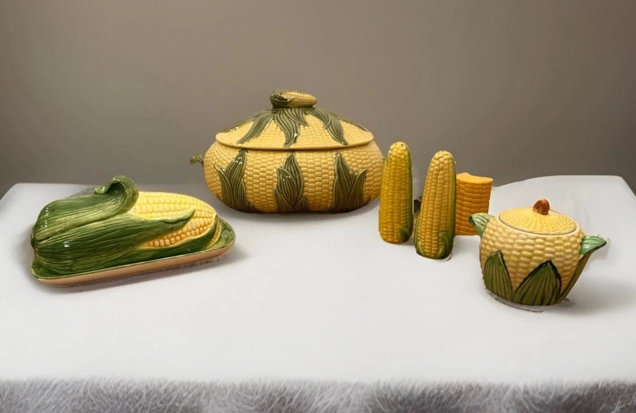 Corn Serving Set Salt Pepper Butter Dish Sugar Bowl Covered Vegetable Toothpick