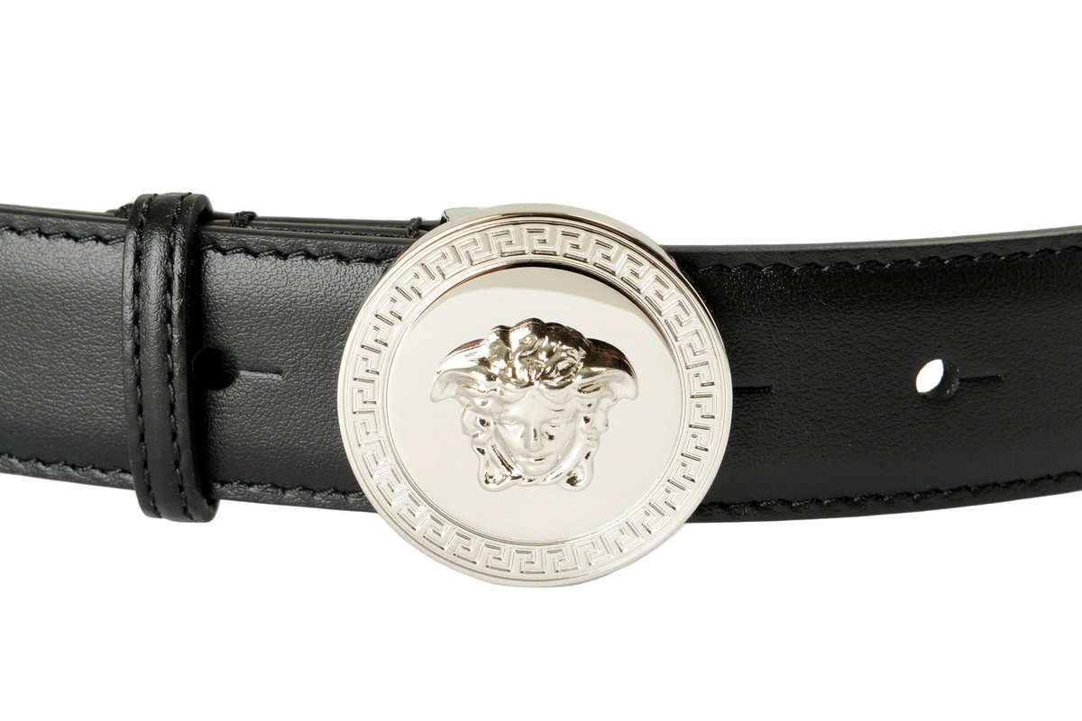 Versace Black 100% Leather Silver Medusa Head Logo Decorated Belt US 22 IT 55 Versace Black Leather La Medusa Head Decorated Buckle Belt  main image 2