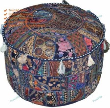 Poufs Floraux Bohémiens En Coton Bleu Tabouret De Pied Brodé Ottoman Indien