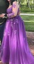 Purple Elegant Floral Lace Formal Gown Long Sleeve Floor Length Evening Dress