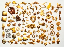 Lot 163  1/2 lb  (108 pcs) VINTAGE Asst SOLID BRASS STAMPINGS Fox & Art Nouveau