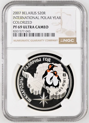 Belarus Silver 20 Rubles 2007 International Polar Year Penguins NGC PF 69 UC